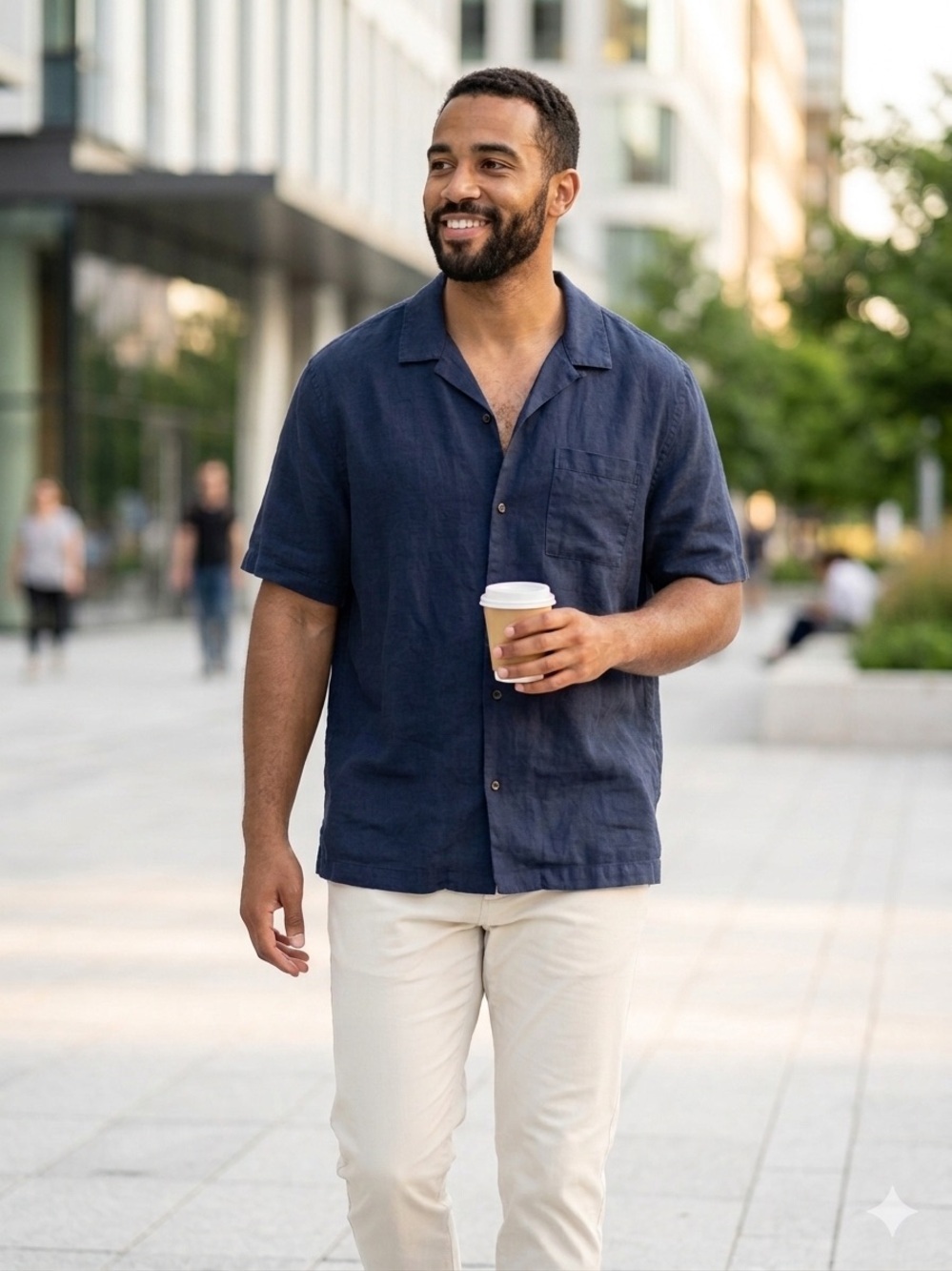 GAP Men's Linen Navy Short-Sleeve Button-Down Camp Shirt
